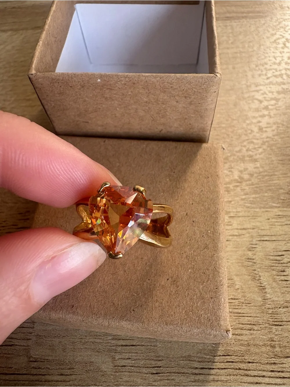Gold-Tone Heart Ring with Orange Crystal
